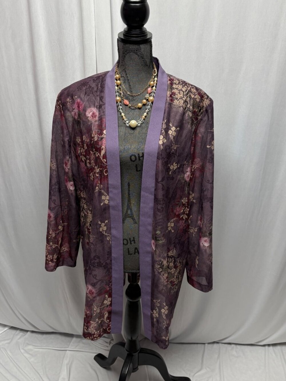 Pride and Joy Sheer Floral Open Front Jacket Womens Size 22W Purple Lightweight